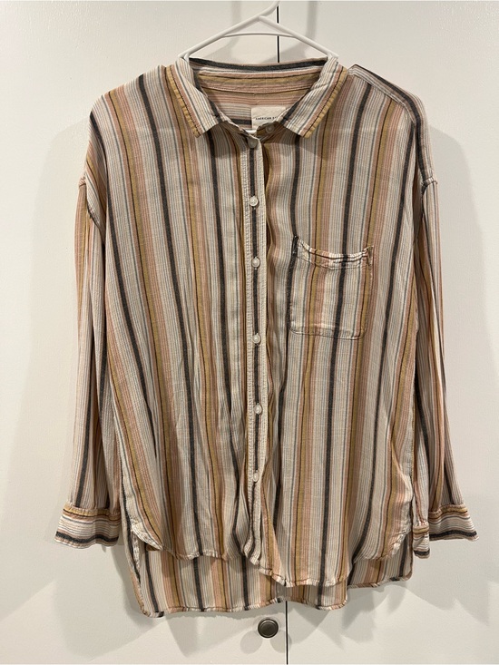 American Eagle Outfitters Tops - Striped Button-Up Shirt in Beige and Brown - women’s Casual Shirt